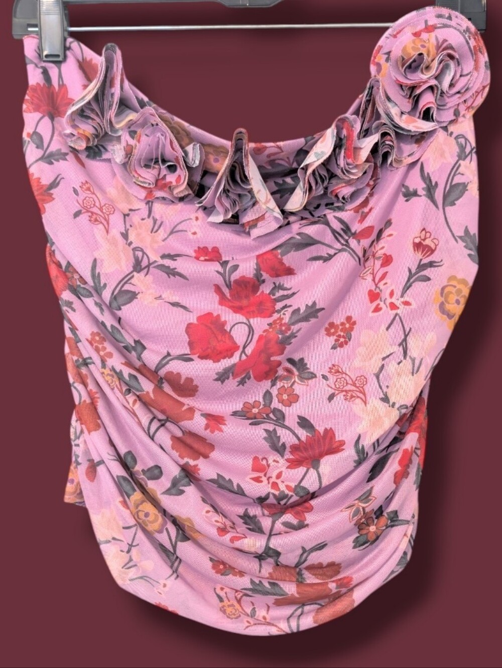 Anthropologie Lilac Floral Applique Ruched Strapless Mesh Tube Top LG